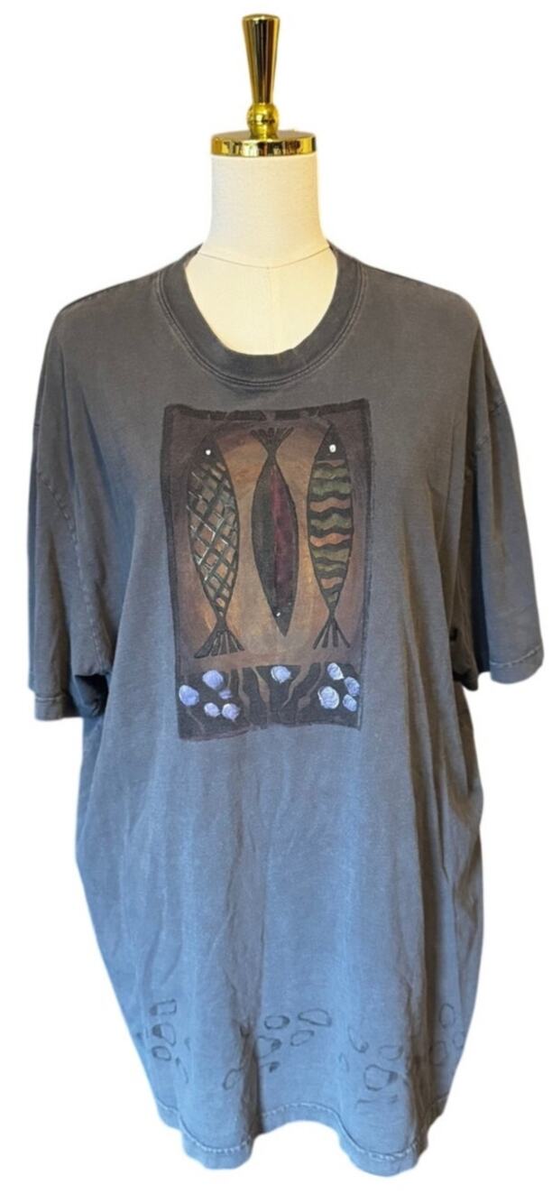 Vintage Blue Fish Clothing Hand-Painted Fish Art Oversized Cotton Top Size 3